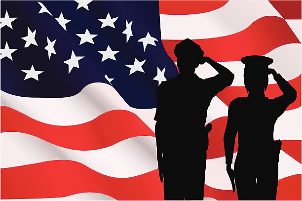  Two silhouettes of the service officers in front of American flag states the values of California Flats LLC of Ventura County